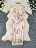 Summer Floral Print Beige Bodycon Maxi Dress