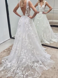 V Neck White Lace Appliques Wedding Dress