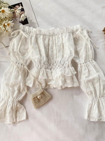 Flared Cuffs White Off Shoulder Crop Blouse