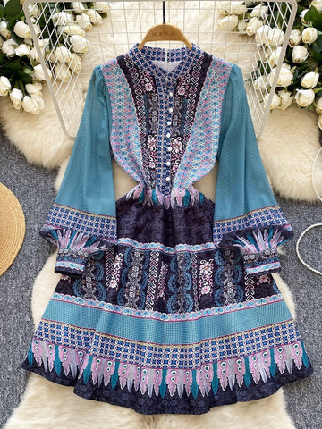 Long-sleeved Bohemian Cut-out Flowy Dress