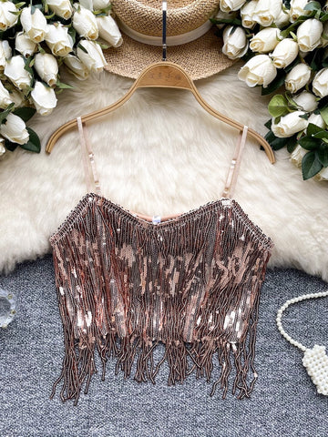 Sparkling Sequin Stylish Tassels Beaded Crop Top