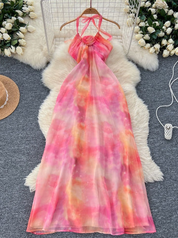 Pastel Summer Halter Neck Maxi Dress