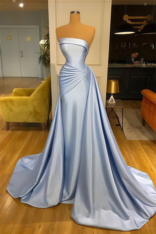 Sky Blue Sleeveless Ruched Satin A-line Prom Dress