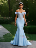 Tulle Off The Shoulder Trumpet Mermaid Blue Detachable Train Prom Dress