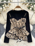 Black Leopard Ribbon Tie Print Blouse