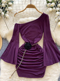 Purple Flared Sleeves Rose Belt Bodycon Dress