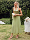 Tulle Sequin Backless Halter Green Prom Dress