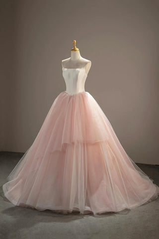 A-Line White Pink Strapless Tulle Prom Dress