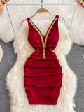 Gold Trim Bold Red Mini Bodycon Dress