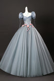Tulle Flowers Short Sleeves A-Line Gray Prom Dress