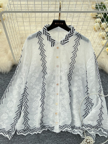 Sheer Embroidered Whie Long Sleeve  Blouse