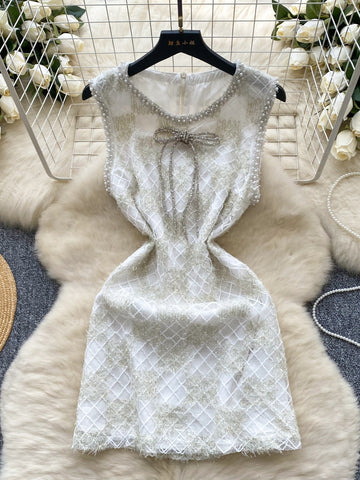 Vintage Bow Tie Pearl-Trimmed Mini Dress