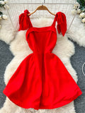 Elegant Square Necked Red Dress with Bow