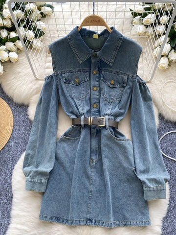 Chic Shoulder Button-Down Denim Dress