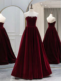 Long Sleeve Beading Ruby Red Velvet Prom Dress