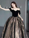 Satin Print A Line Black Off The Shoulder Prom Dress