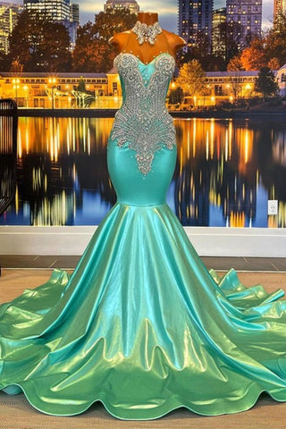 High Neck Mermaid Mint Green Satin Prom Dress