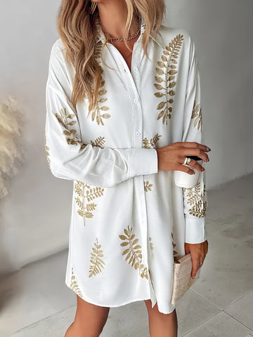 Golden Leaf Embroidered Button-Down Dress