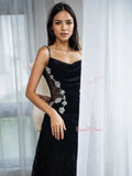 Lace Beading A Line Black Spaghetti Straps Prom Dress