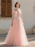 Beading A Line Satin & Tulle Pink Prom Dress