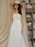 A Line Chiffon Pearls Ruched Strapless Wedding Dress