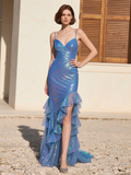 Spaghetti Straps Sparkle Tulle Ruffles Blue Prom Dress