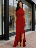 Long Maxi Halter Spandex Ruffles Slit Party Dress