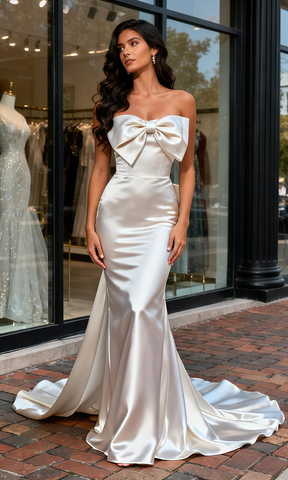Bowknot Detachable Train Satin Trumpet Mermaid Wedding Dress