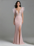 V Neck Short Sleeve Trumpet Mermaid Pink Sequin Prom Dress With Slit