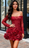 Off The Shoulder Flower Feather Burgundy Homecoming Dress