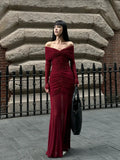 Burgundy Off Shoulder Ruched Mesh Long - Sleeve Maxi Dress