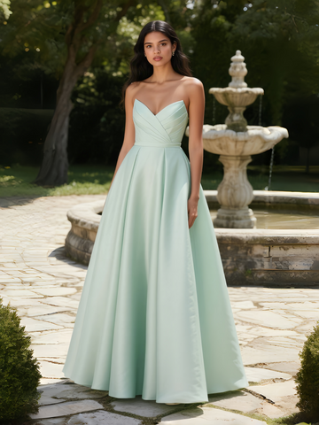 Ruched A Line Satin Mint Green Prom Dress