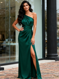 One Shoulder Ruched Green Satin Prom Dress With Slit