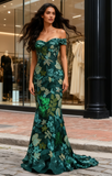 Off The Shoulder Sequin Green Print Mermaid Prom Dress
