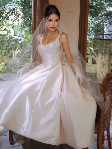 Square A Line Tea Length Ivory Satin Wedding Dress US8 / Ivory Square A Line Tea Length Ivory Satin Wedding Dress US8 / Ivory