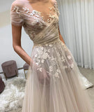 Light Champagne Tulle Lace Wedding Dress With Pockets