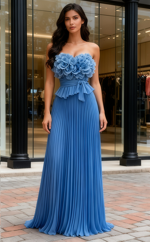 Ruffles Sweetheart Flower A Line Blue Chiffon Pleats Prom Dress