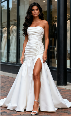 Satin Trumpet Mermaid Ruched Strapless Wedding Dress With Slit