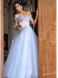 Blue Tulle Flowers Off The Shoulder A Line Prom Dress