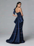 Lace Satin Trumpet Mermaid One Shoulder Navy Prom Dress