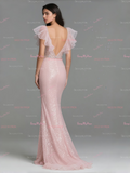 V Neck Short Sleeve Trumpet Mermaid Pink Sequin Prom Dress With Slit