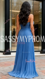 Ruffles Sweetheart Flower A Line Blue Chiffon Pleats Prom Dress