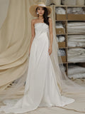 A Line Chiffon Pearls Ruched Strapless Wedding Dress