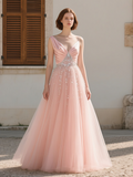 Beading A Line Satin & Tulle Pink Prom Dress
