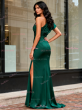 One Shoulder Ruched Green Satin Prom Dress With Slit