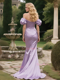 Trumpet Mermaid Ruched Puffy Sleeves Lavender Prom Dress With Slit