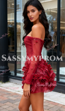 Off The Shoulder Flower Feather Burgundy Homecoming Dress