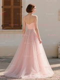 Beading A Line Satin & Tulle Pink Prom Dress