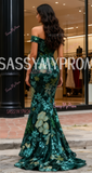 Off The Shoulder Sequin Green Print Mermaid Prom Dress