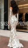 Long Sleeve Floral Trumpet Mermaid White Off The Shoulder Prom Dress